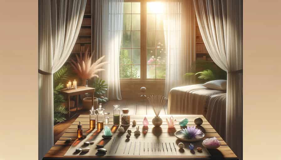 Creative Strategies for Holistic Practitioners: Content Driven Growth 1 A serene and inviting holistic therapy room with soft natural lighting filtering through sheer curtains, highlighting a variety of holistic tools