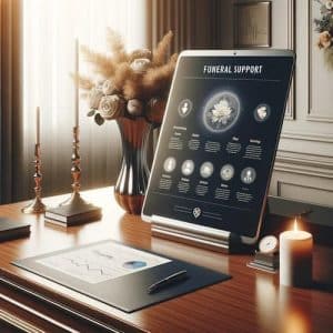 A sophisticated and informative setup within a funeral home, featuring an elegant infographic and guide about funeral planning and grief support display