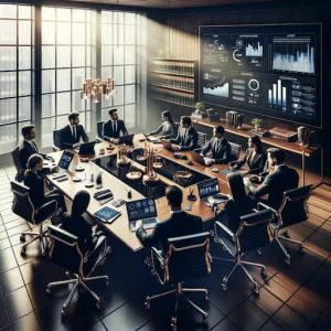 Cost Effective Media Exposure For Singapore Law Firms 2 A sophisticated interior of a law firm's meeting room where a team of lawyers is engaged in a strategy session over their media and marketing plans