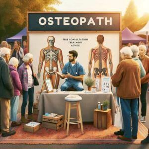 A warm and engaging scene at a community health fair where an osteopath is interacting with community members. The setting is outdoors, with a booth