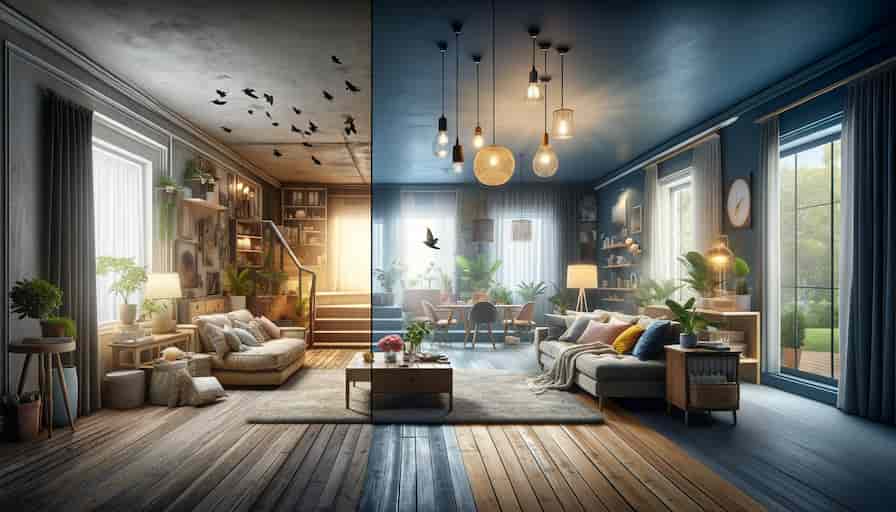 Home Improvement Services: Maximise Impact With Media Collaboration 1 A wide, panoramic view of a home's interior transformation, showcasing a living room that transitions from outdated and cluttered to modern and beautiful