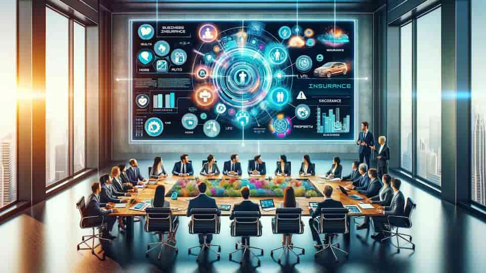 Insurance Broker Brand Growth: Creative Content Strategy 1 An engaging conference scene with a diverse group of professionals gathered around a sleek, modern table, each representing different sectors of the insurance industry