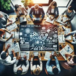 An image capturing a creative brainstorming session with a team of accountants and marketers sitting around a table