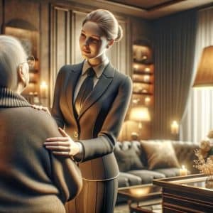 An image depicting a compassionate interaction between a funeral home staff member and a family. The staff member, dressed in professional attire