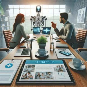 An image of a collaborative meeting between a chiropractor and digital health influencers or partners. The setting is an office