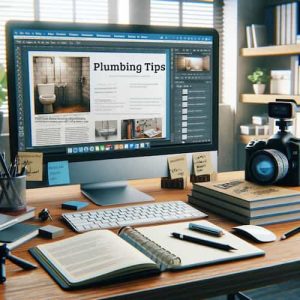 An image of a content creation workspace focused on the plumbing industry. The scene includes a desktop computer with open software for content