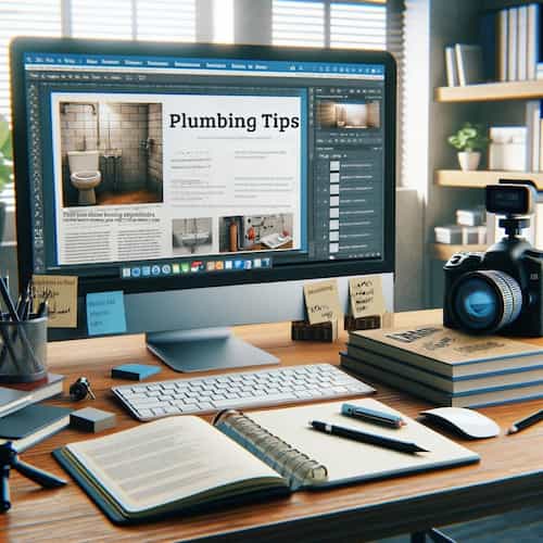 An image of a content creation workspace focused on the plumbing industry. The scene includes a desktop computer with open software for content