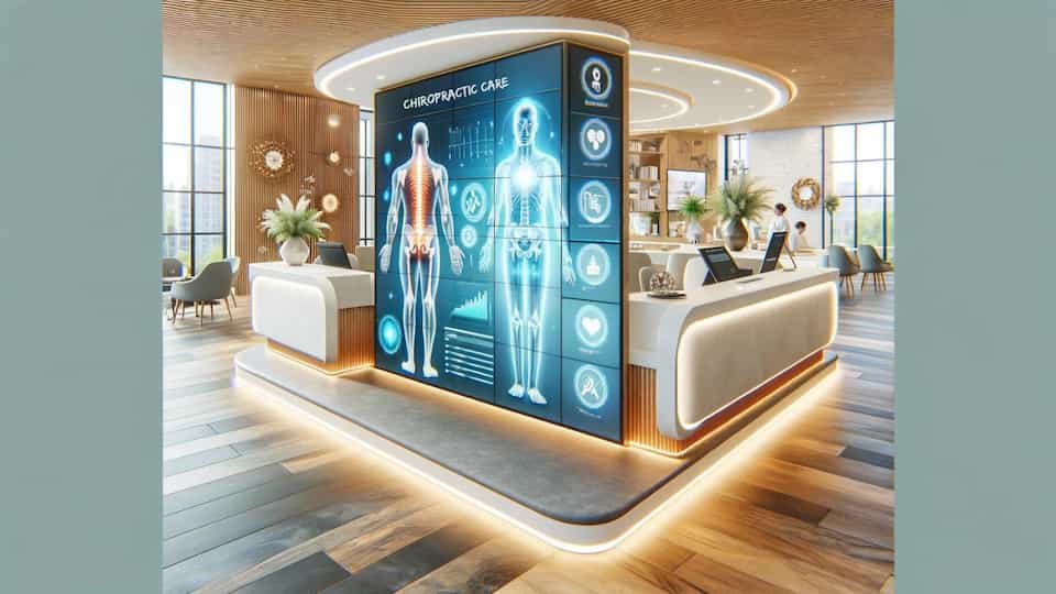 An image of a modern chiropractic clinic reception area, featuring a bright and welcoming space with interactive digital screens