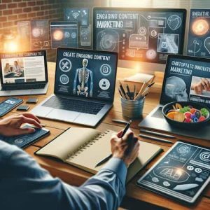 An image showcasing a creative workspace for chiropractic marketing content creation. The scene includes a professional planning content for promotion