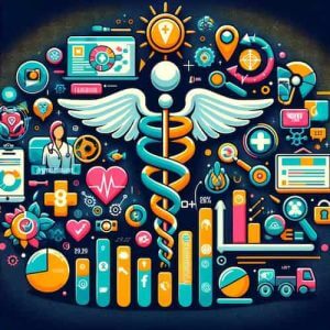 An infographic-style image combining elements of physiotherapy with digital engagement metrics. It features icons for social media platforms