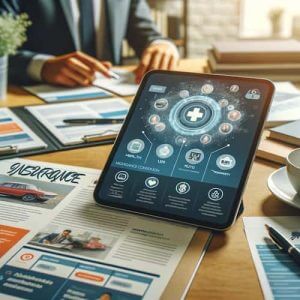 An insurance agent's desk featuring a variety of insurance brochures and a digital tablet showcasing an interactive application