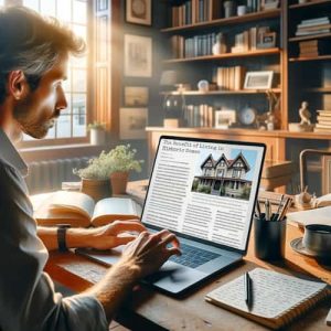 An inviting, well-lit workspace with a real estate agent working on content marketing. The agent is focused on a laptop screen displaying an article about historic homes