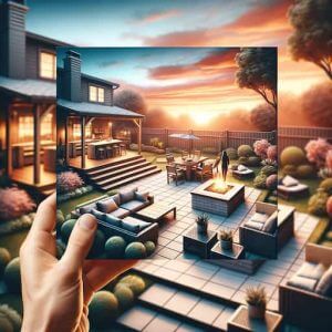 An outdoor home improvement project, such as a backyard transformation. It features a newly designed outdoor space