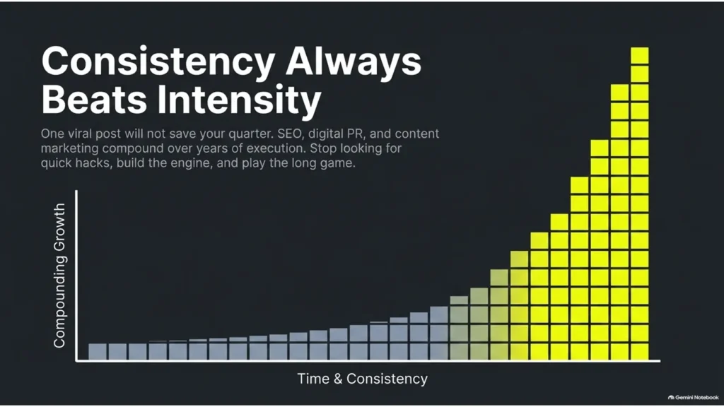 Effective Solicitors Growth Strategies: Content Marketing & Exposure Tactics 2 Chart showing how consistent solicitor marketing and SEO activity delivers long-term compounding growth.