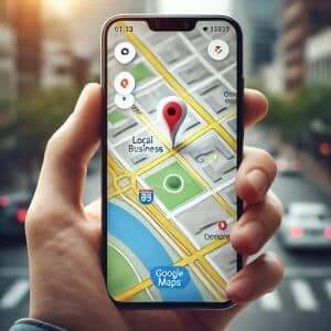 A Google Maps interface on a smartphone, highlighting a local business with a pin drop. The map shows surrounding businesses and landmarks
