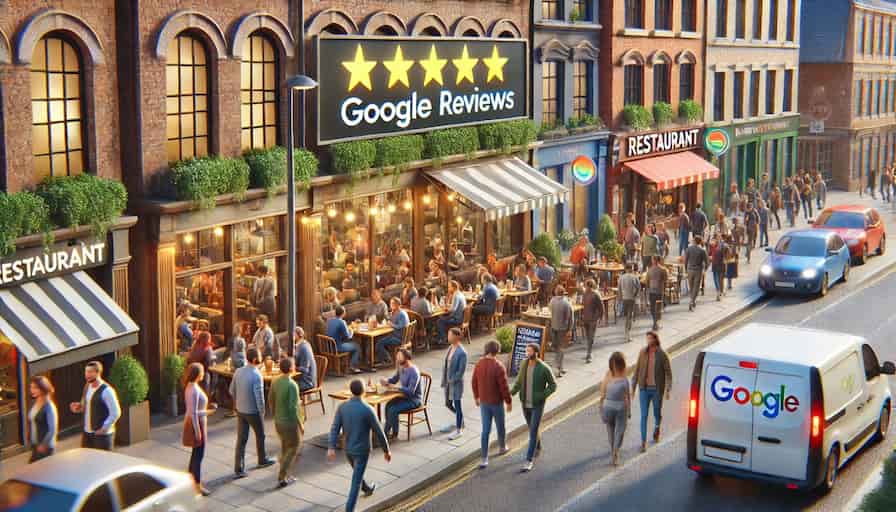 AIDA Marketing Strategies for Google Reviews: Maximising Real-World Impact 1 A busy street with various restaurants. One restaurant stands out with a crowd of happy customers, while others are less busy