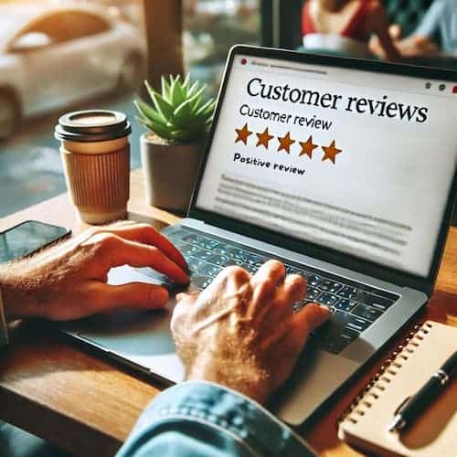 A close-up of a business owner sitting at a desk in a trendy cafe. The owner is typing on a laptop, responding to customer reviews on Google
