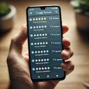 A close-up of a smartphone screen displaying a business's Google Reviews page. The screen shows only 5-star reviews with short positive