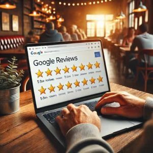 A customer sitting in a cozy cafe, looking at a laptop screen displaying a Google Reviews page for a business. The laptop shows multiple 5-star review