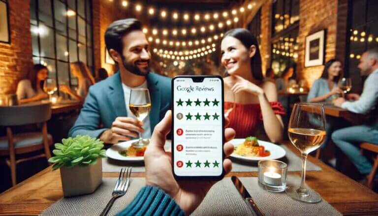 Effective Social Proof Strategies: The Power of Google Reviews in Marketing 1 Google Reviews-A modern, cozy restaurant setting during dinner time. One side shows a lively atmosphere with diners enjoying their meals, while on the other side