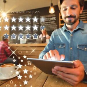 An image of a coffee shop owner in a relaxed, inviting environment responding to customer reviews on a tablet. The tablet screen shows customer review