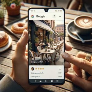 An image of a small local cafe's Google Business Profile on a smartphone screen. The phone is held by a customer sitting at an outdoor table