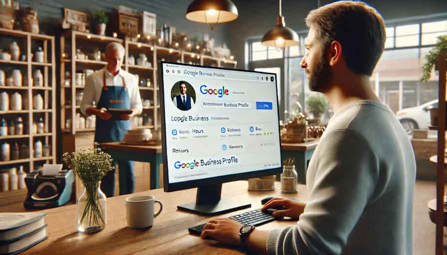 Boost Local Visibility: Google Business Profiles & Power Presence 1 An image showing a local business owner in their store, looking at a computer screen displaying their optimized Google Business Profile