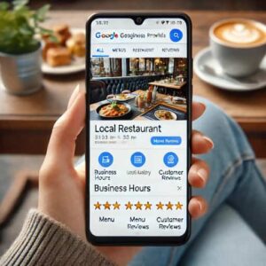 A Google Business Profile for a local restaurant on a mobile phone screen. It shows information like business hours, a map with the location, high-qua