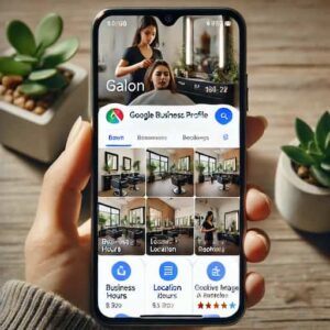 A Google Business Profile for a local salon on a mobile phone screen, showcasing key information like business hours, location on Google Maps, high-qu