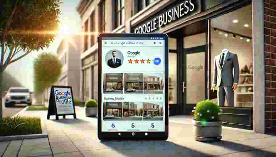 Google Business Profiles Strategies for Boosting Customer Trust & Loyalty 1 An image showing a small business storefront with a Google Business Profile on a tablet screen in the foreground. The profile shows high