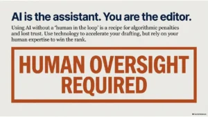 Human oversight required when using AI-generated content for SEO writing.