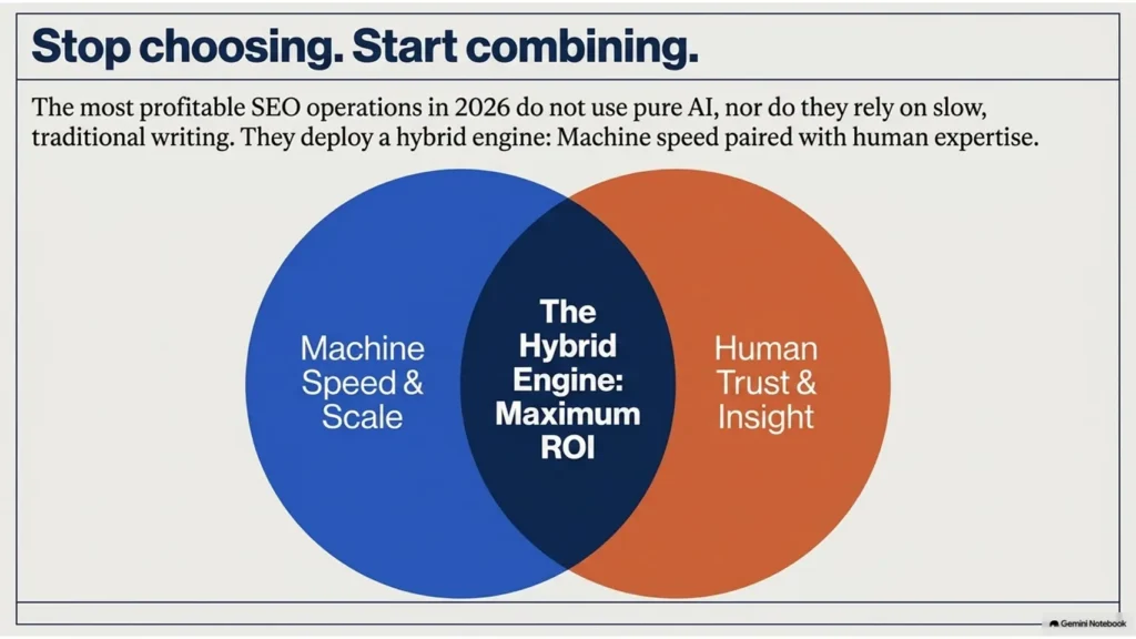 AI-Generated Content vs. Human Writers for SEO Blog Posts 1 Venn diagram comparing AI speed with human expertise for successful SEO content creation.