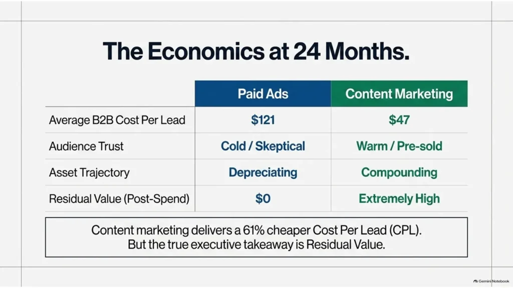 Content Marketing vs Paid Ads: Compounding Asset or Transaction Cost? 1 Content Marketing vs Paid Ads comparison showing the economics after 24 months