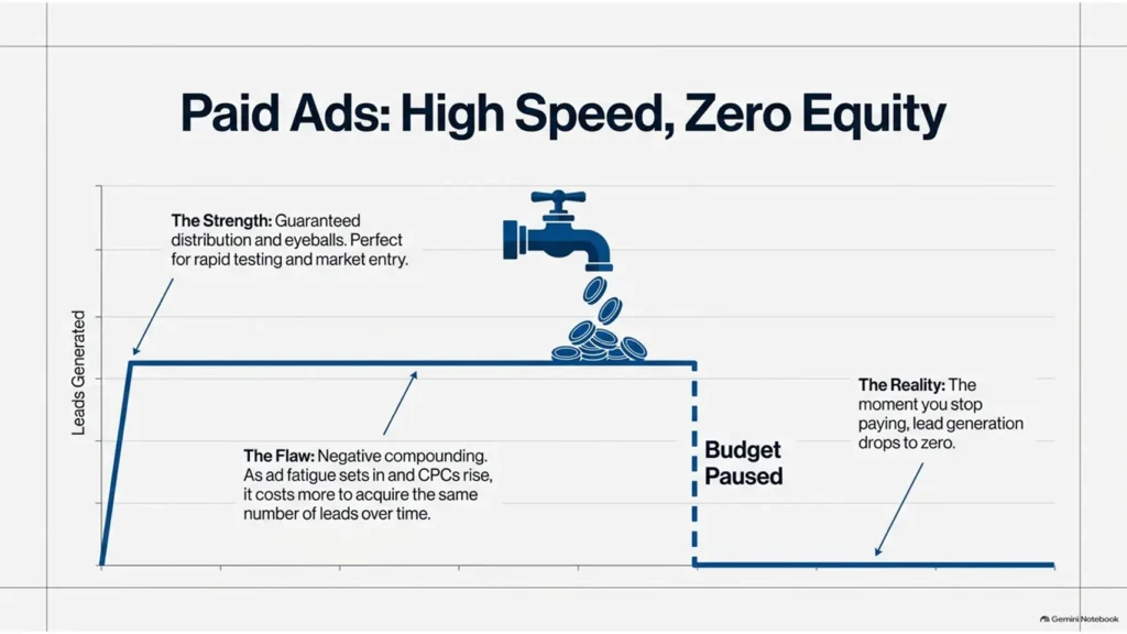Content Marketing vs Paid Ads: Compounding Asset or Transaction Cost? 2 Content Marketing vs Paid Ads showing paid ads deliver high speed but zero equity