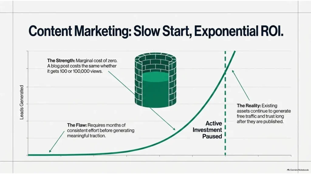 Content Marketing vs Paid Ads: Compounding Asset or Transaction Cost? 3 Content Marketing vs Paid Ads illustrating content marketing's exponential ROI