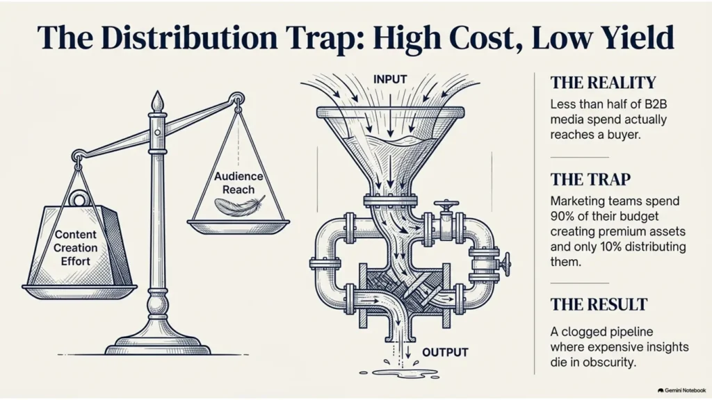 Illustration showing the distribution trap between content creation effort and audience reach