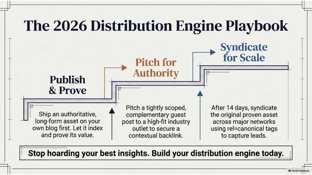 Content distribution workflow combining publishing, guest blogging and content syndication
