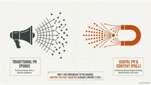 Digital PR vs content distribution comparison showing traditional PR push marketing versus digital PR pull marketing for SEO authority and lead generation.