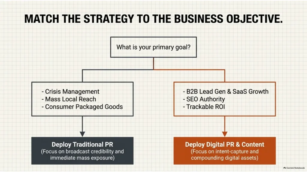 Digital PR vs Content Distribution - Which Delivers Better Long-Term Results? 3 Digital PR strategy framework showing how to choose between traditional PR and digital PR based on business objectives.