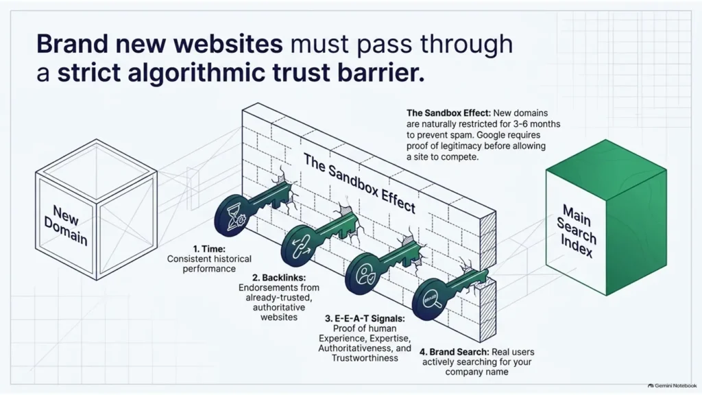 Diagram explaining Google's sandbox effect and the trust signals needed for new websites to rank.