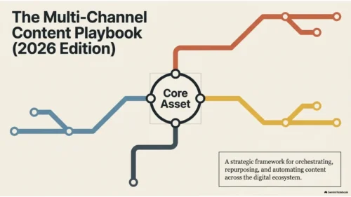 Diagram illustrating a multi-channel content distribution framework with a core content asset feeding multiple marketing channels.