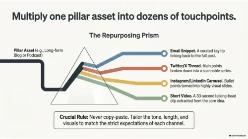 Illustration showing how one pillar content asset is repurposed into multiple marketing formats for different platforms.