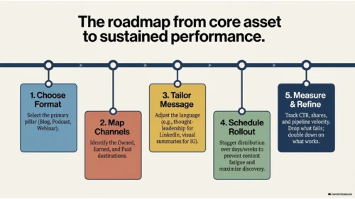 Roadmap showing the five-step process for selecting, tailoring and measuring content distribution across multiple platforms.