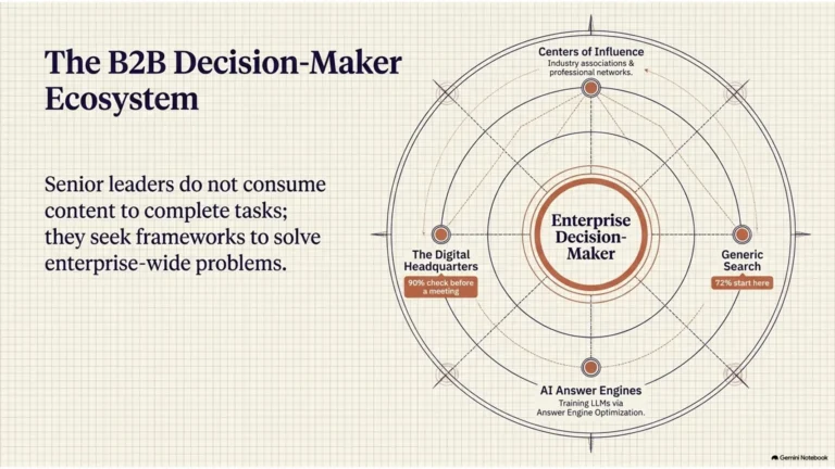Diagram showing the B2B decision-maker ecosystem and the digital channels that influence purchasing decisions.