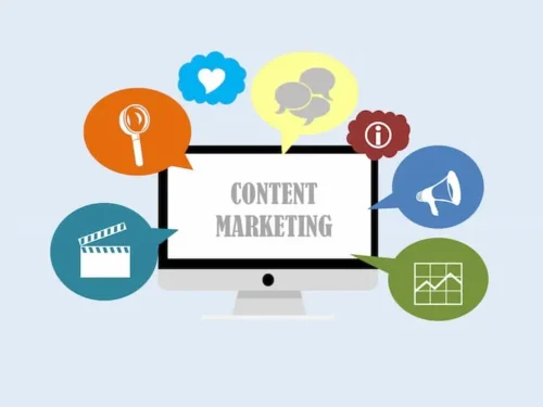 How does content syndication help businesses appear in AI search? 1 Content marketing illustration showing multiple digital channels used to share business content online.