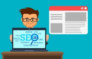 Illustration of SEO optimisation with website metadata, search ranking and online visibility.