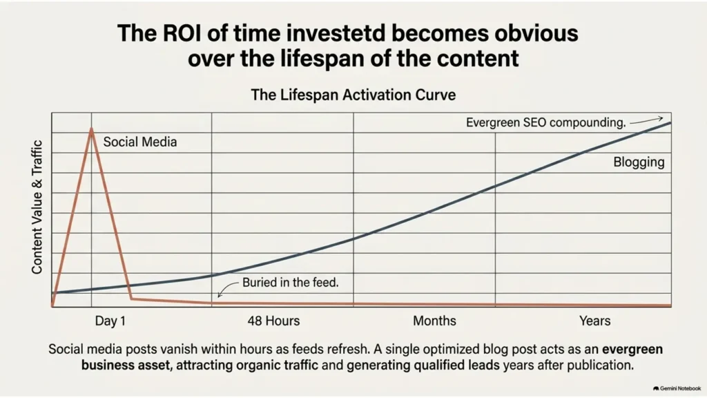 Social Media Content vs Blog Posts for Brand Awareness 3 Graph comparing the lifespan and ROI of blog posts versus social media content