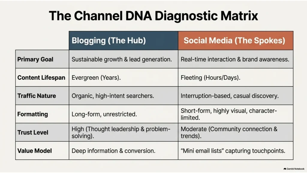 Social Media Content vs Blog Posts for Brand Awareness 1 Comparison table of blogging and social media for brand awareness and business growth