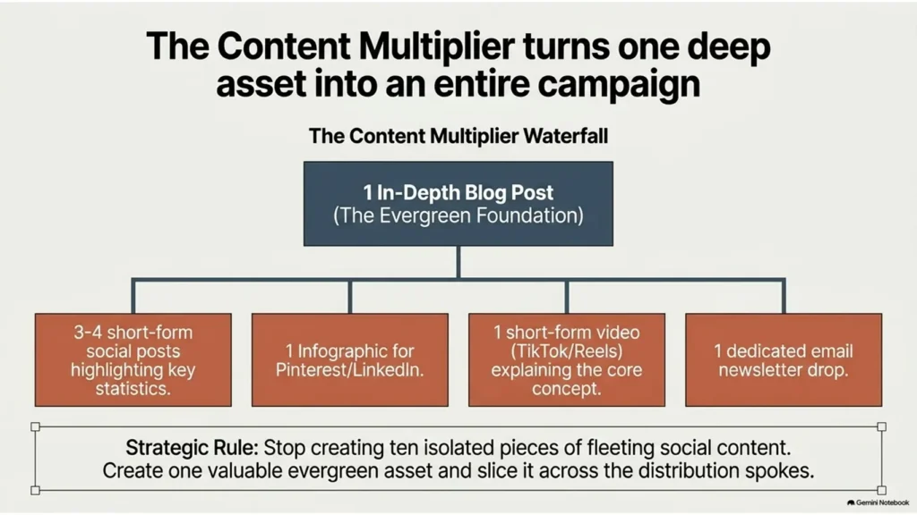 Social Media Content vs Blog Posts for Brand Awareness 2 Content multiplier framework showing how one blog post becomes a complete marketing campaign
