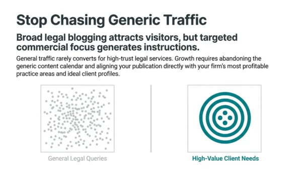 Solicitors Growth Strategies: Content Marketing and Exposure Tactics That Build Trust in 2026 1 Solicitors growth strategies comparing generic legal website traffic with targeted content that attracts high-value clients.